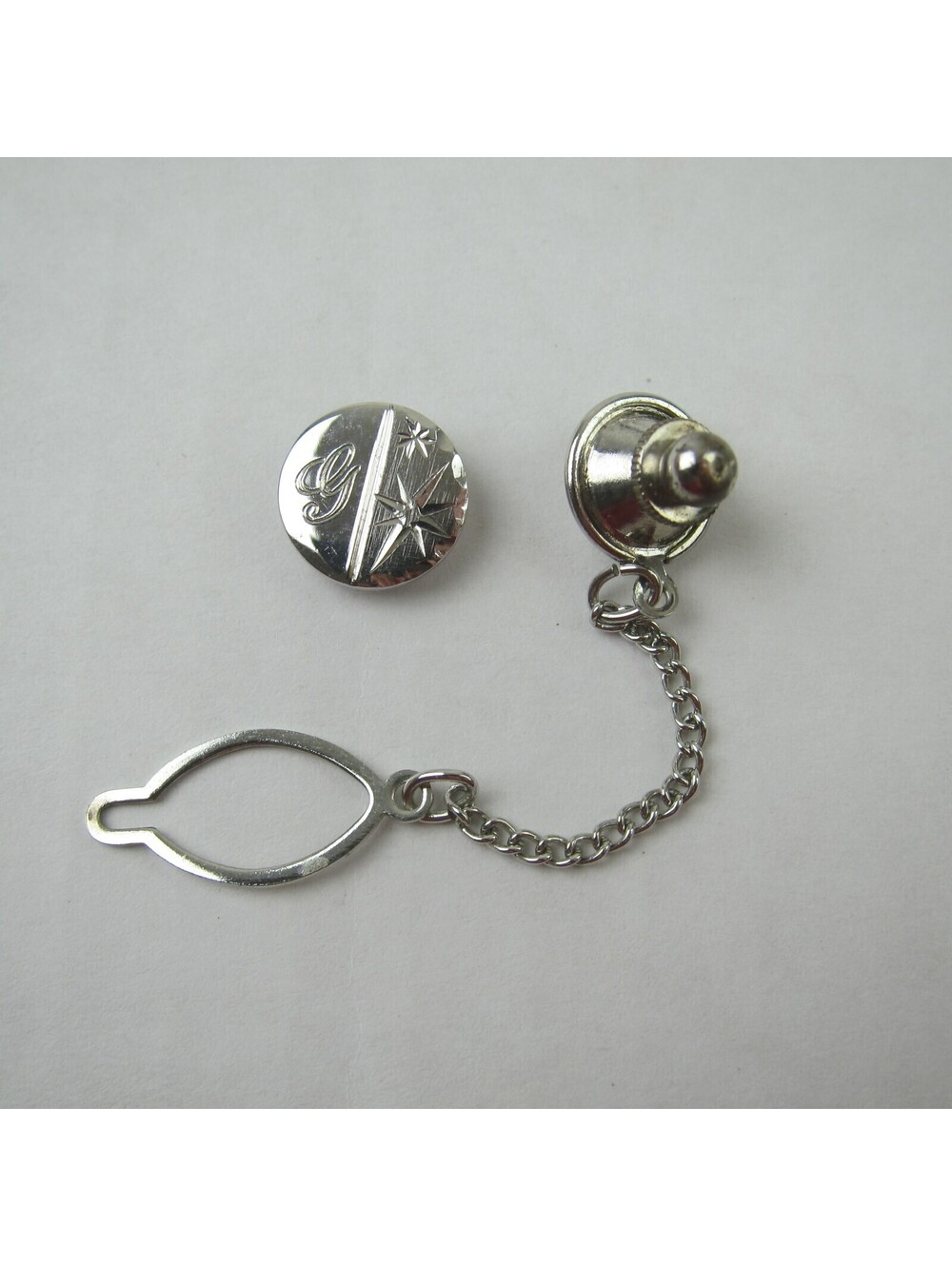 Vintage Tie Tack Lapel Pin Monogram Letter G Initial & Stars Circle Silver tone